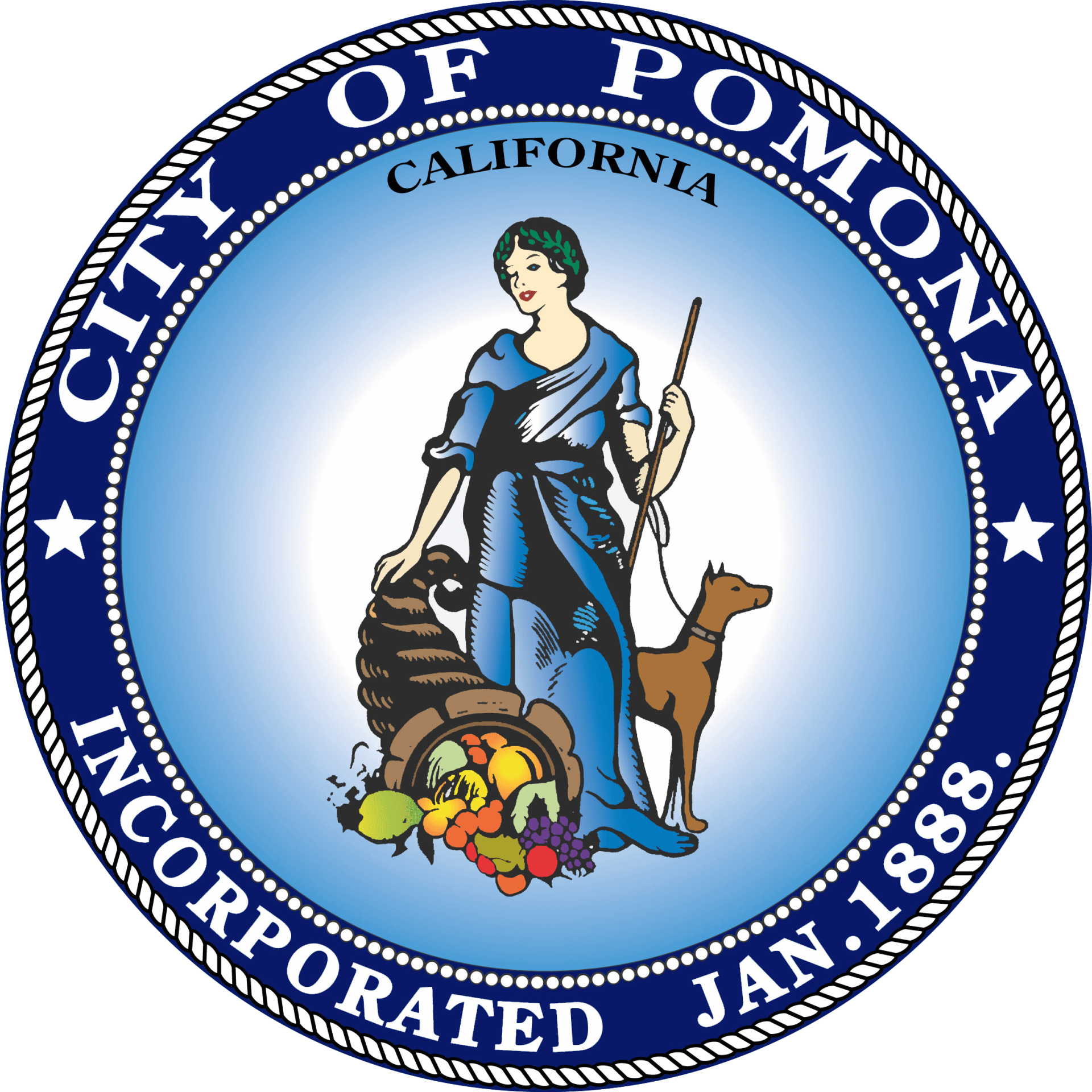 Lady of Pomona Standing in a light blue and dark blue seal